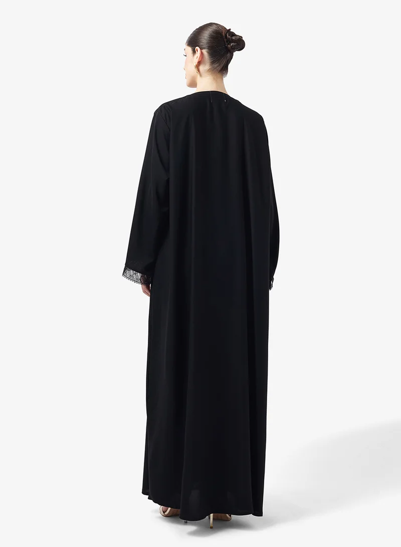 hayas closet Floral Lace Detailed Open Front Abaya